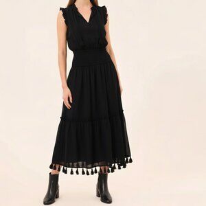 MISA Los Angeles Black Sleeveless Tassel Hem Midi Dress Medium Boho Chic
